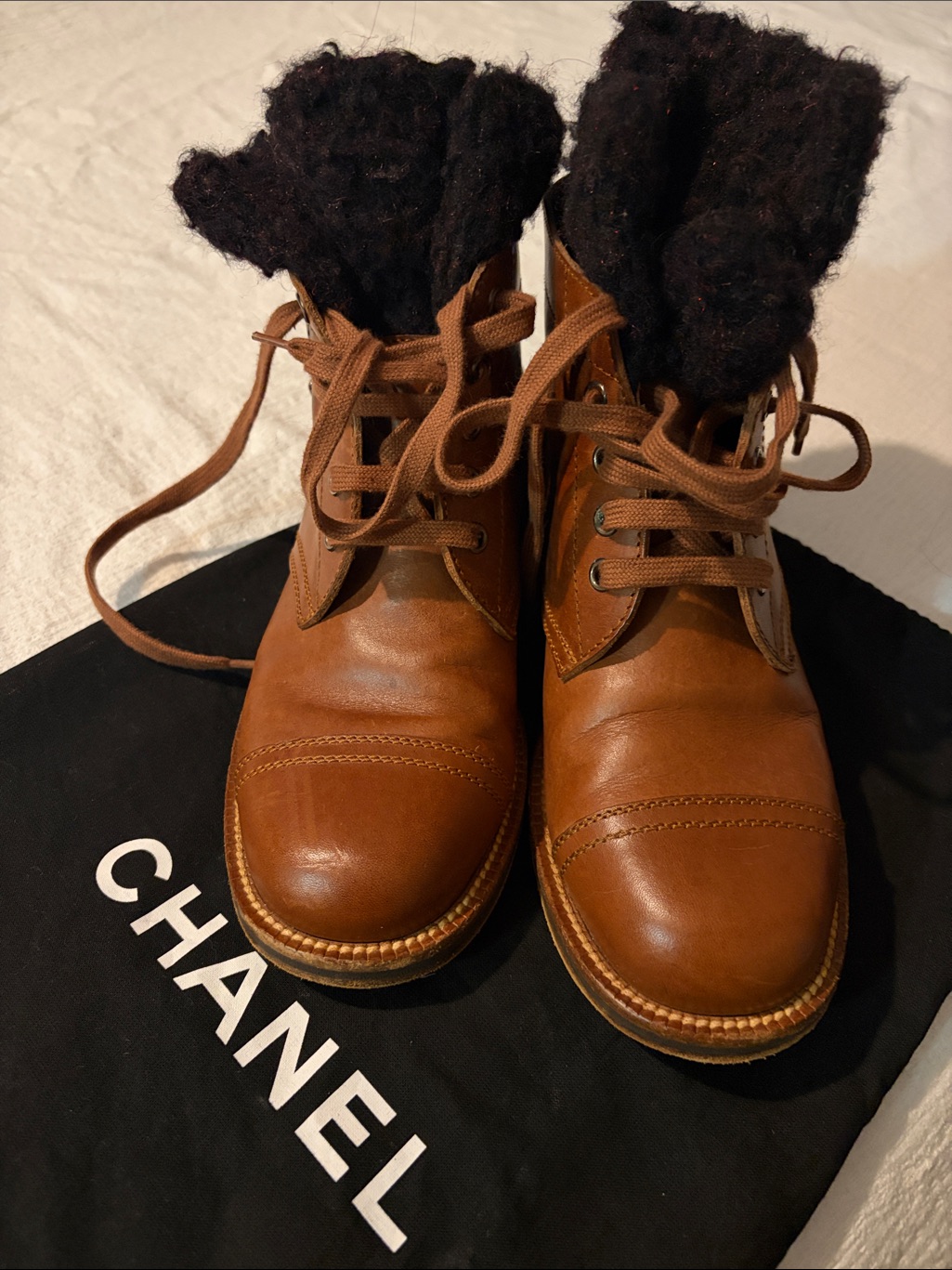 Women Chanel Brown Leather Lace-Up Womenâs Boots With Dark Shearling Collar